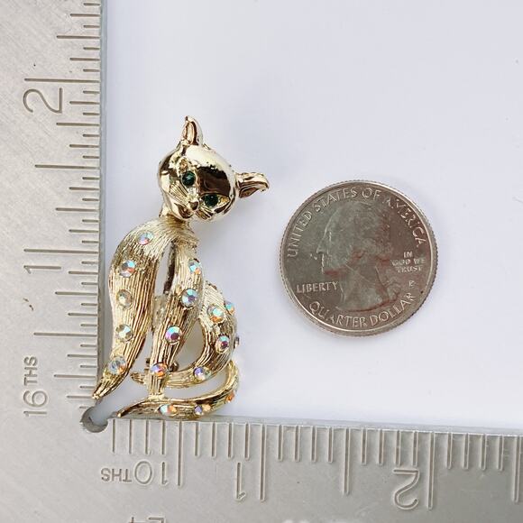 VTG Mid Century Creepy Cute Brooch Cat Figural Rhinestone Gold Tone Kitschy Pin - Picture 7 of 11